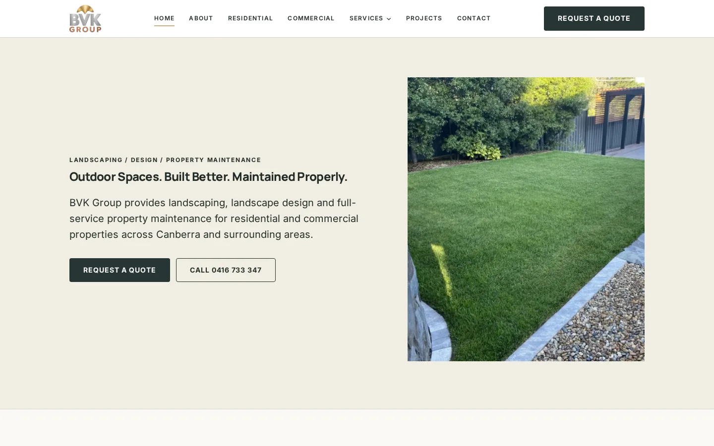 BVK Group website home page, a landscaping site built on WordPress by CTRL ROOM