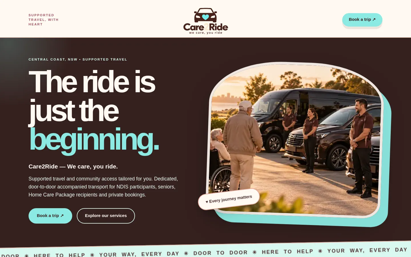 Care2Ride website home page, a supported transport site built on WordPress by CTRL ROOM