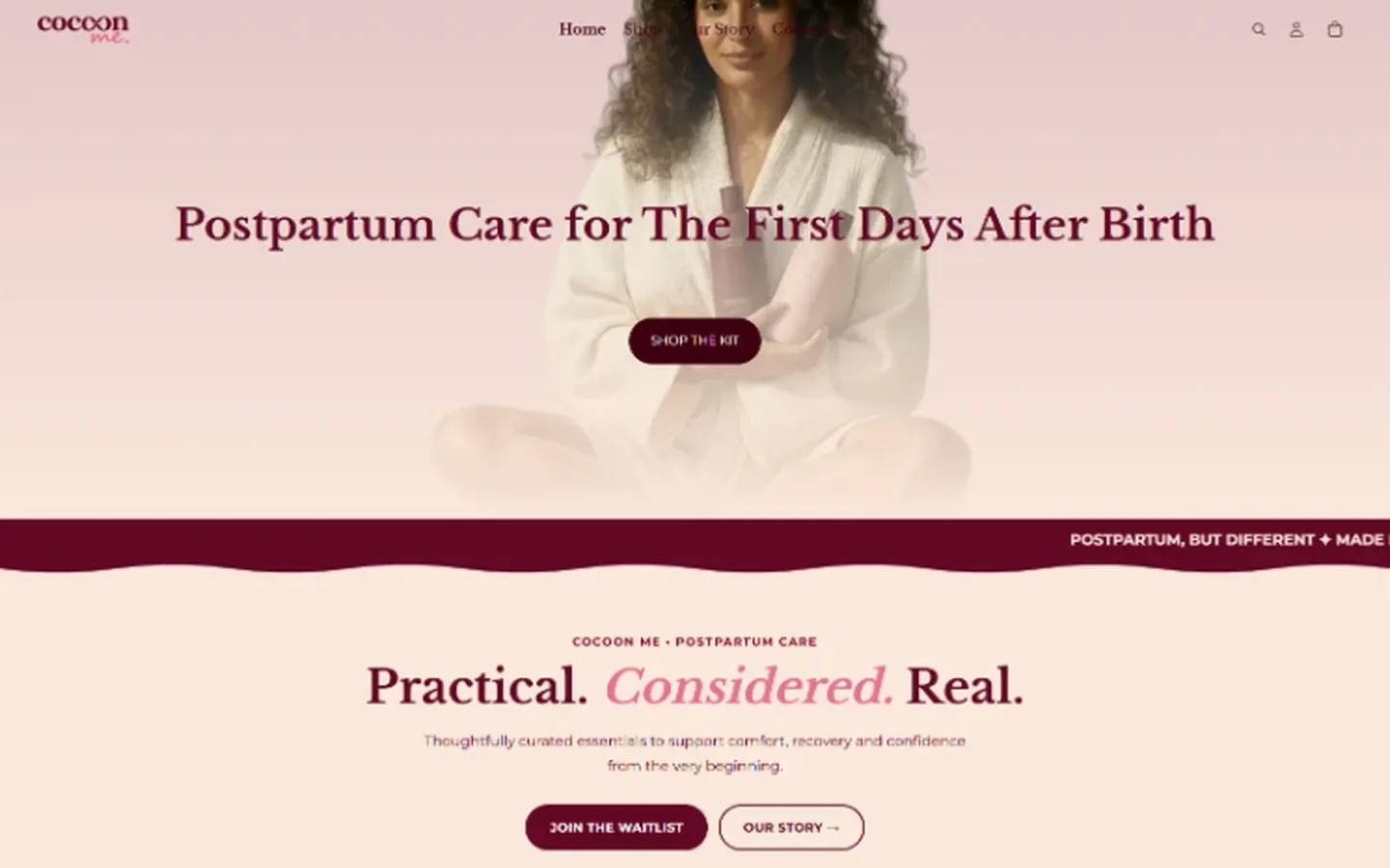 Cocoon Me website home page, a postpartum care site built on WordPress by CTRL ROOM