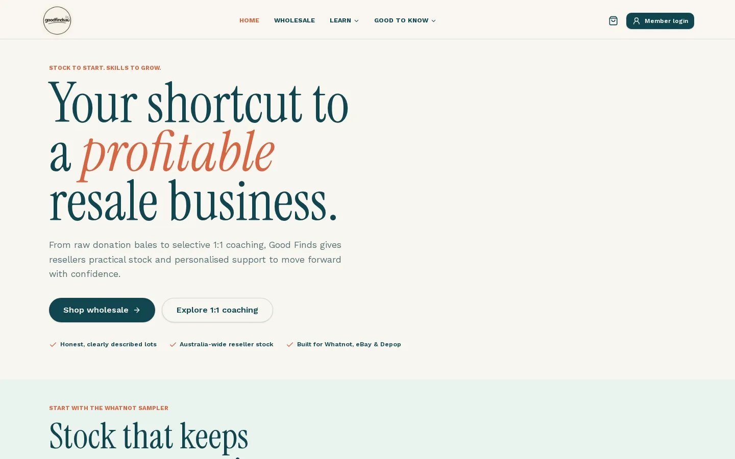 Good Finds Wholesale website home page, a wholesale & resale site built on Lovable by CTRL ROOM
