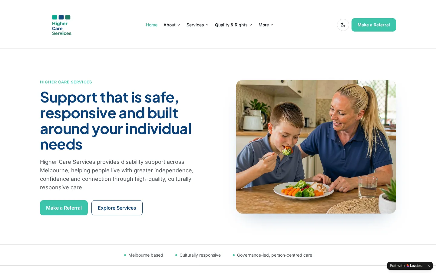Higher Care Services website home page, a care services site built on Lovable by CTRL ROOM