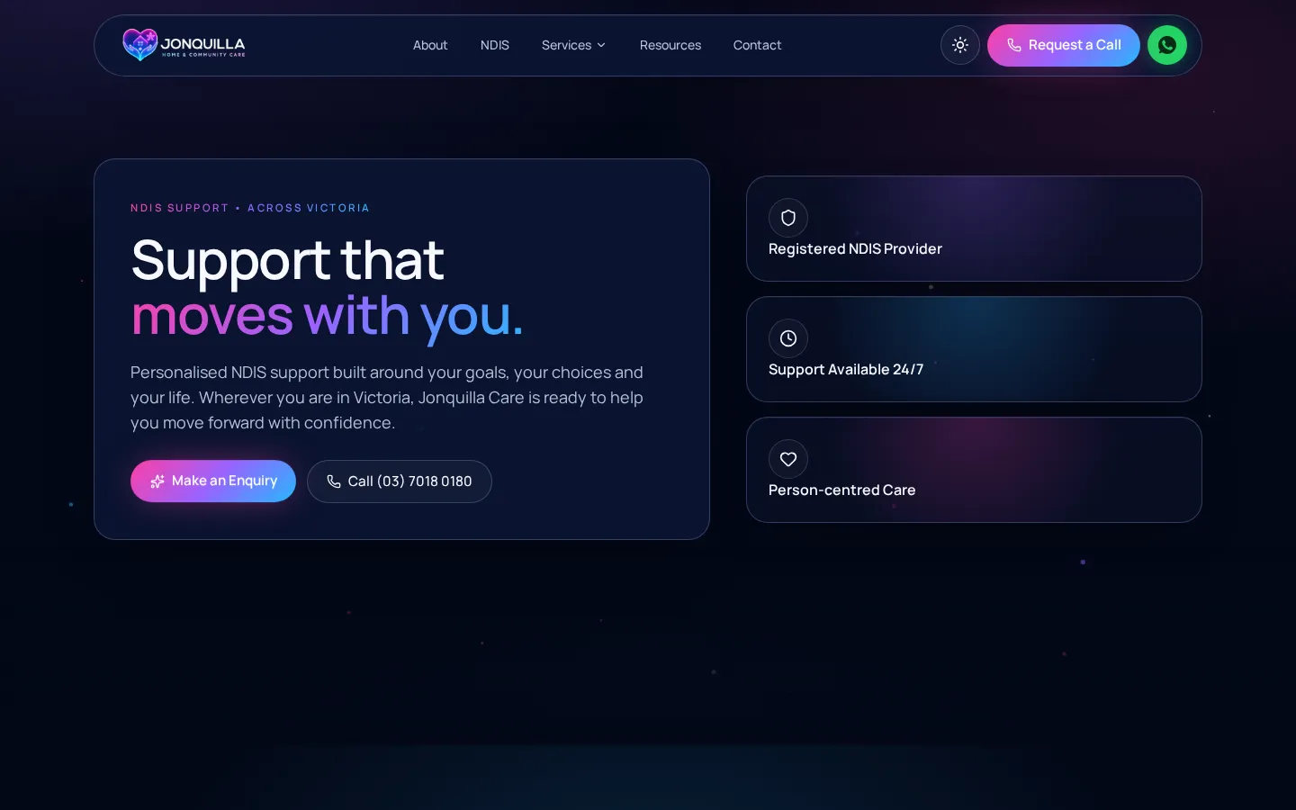 Jonquilla Care website home page, a care services site custom-built by CTRL ROOM
