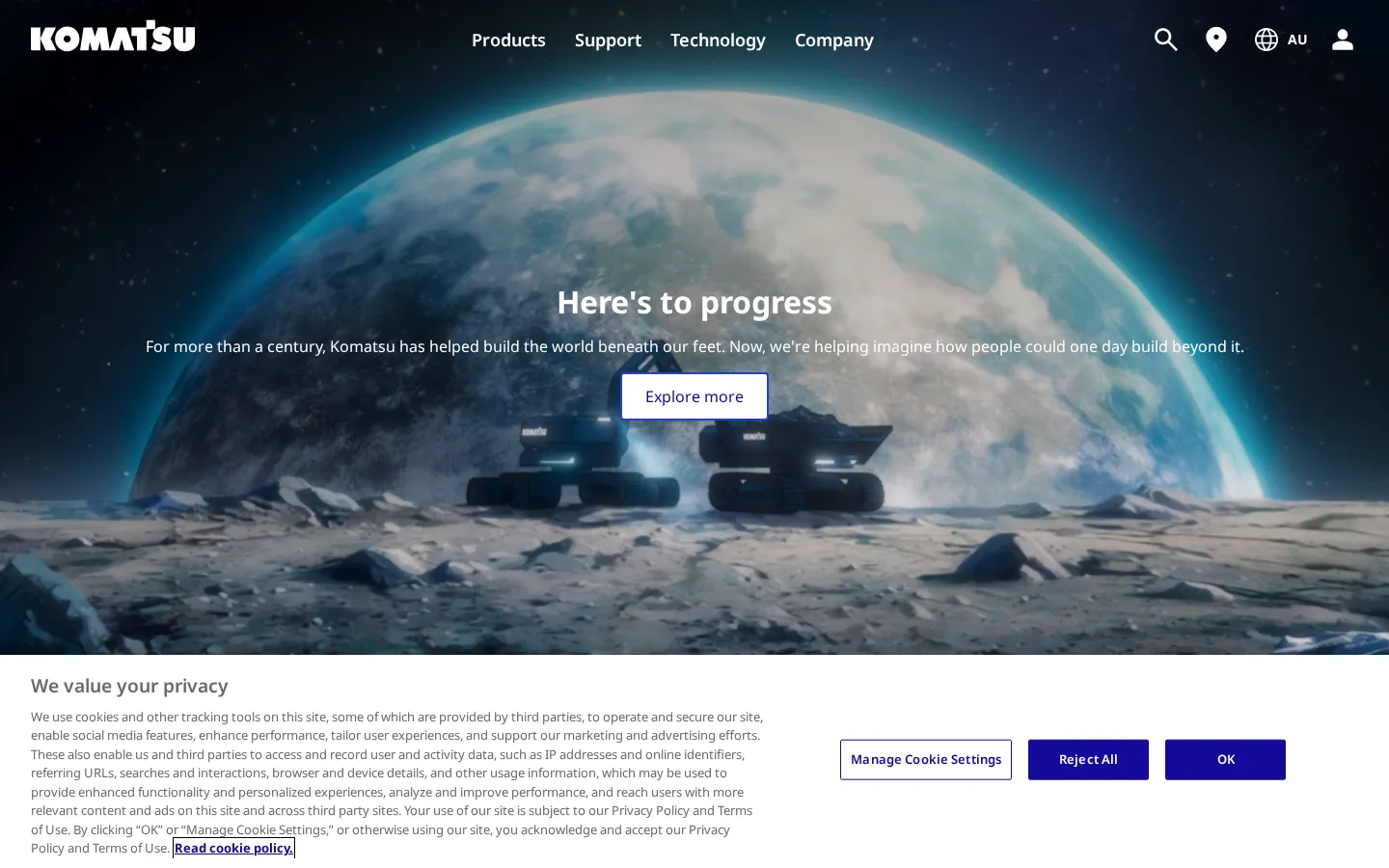 Komatsu Australia website home page, a industrial site custom-built by CTRL ROOM