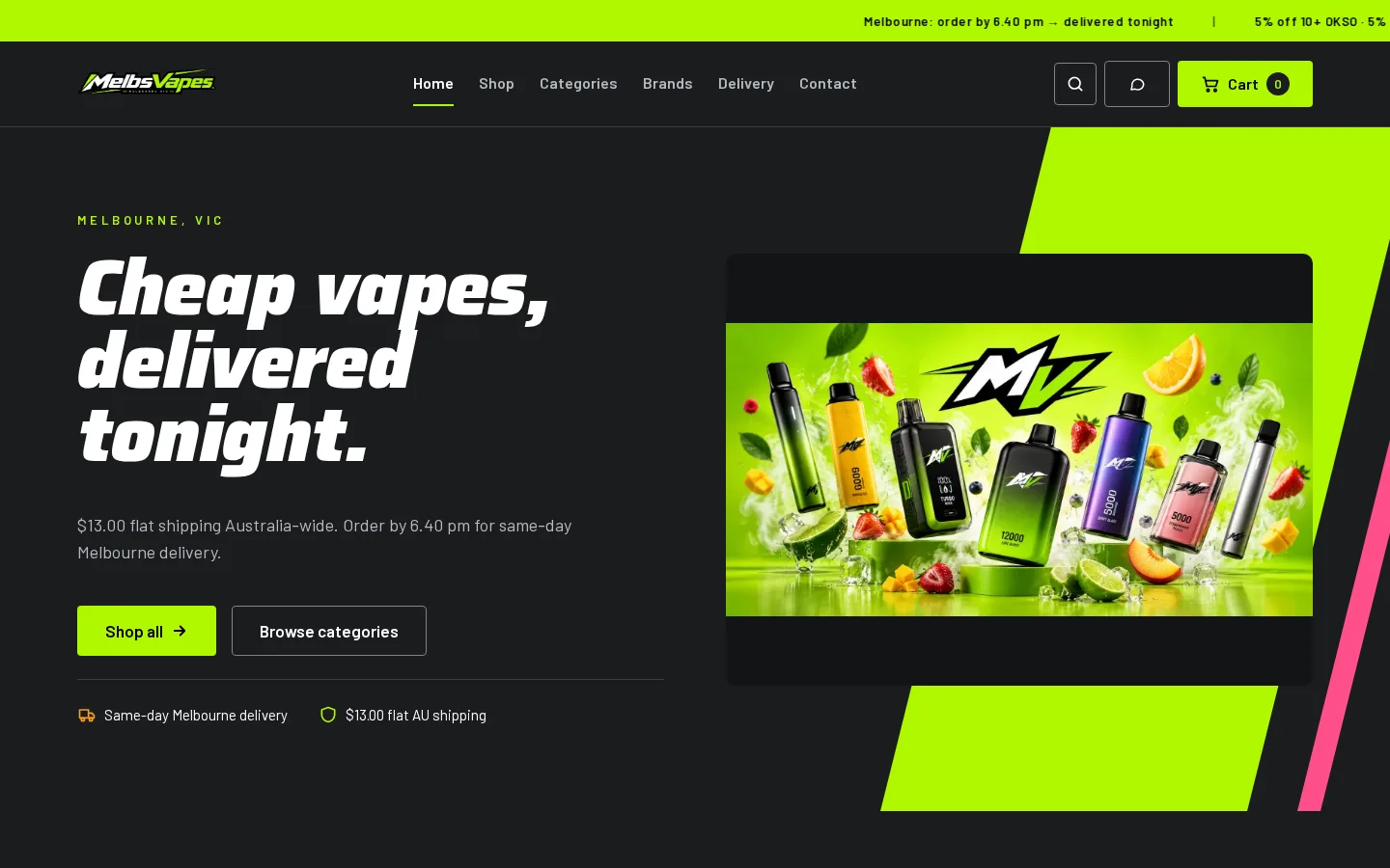 MelbsVapes website home page, a retail site custom-built by CTRL ROOM