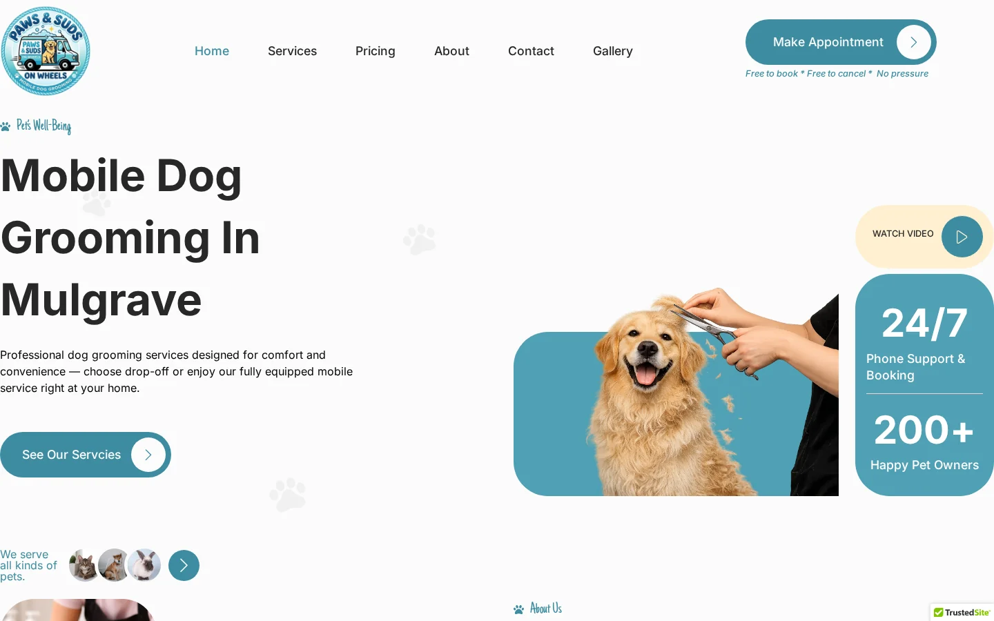 Paws & Suds on Wheels website home page, a pet services site built on WordPress by CTRL ROOM