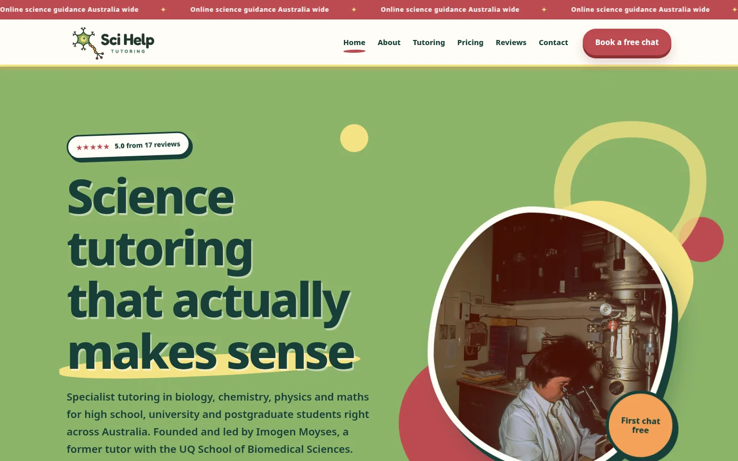 Sci Help Tutoring website home page, a education site built on WordPress by CTRL ROOM