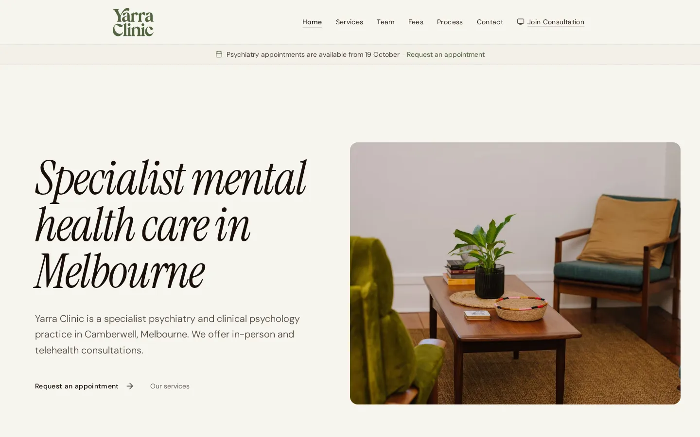 Yarra Clinic website home page, a healthcare site custom-built by CTRL ROOM